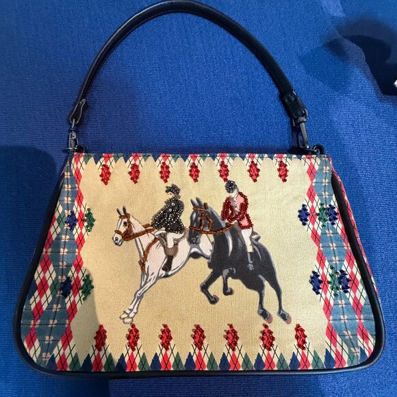 Paradox Vintage Beaded Equestrian Canvas Baguette Bag 90s/Y2K Argyle Purse - Picture 4 of 12